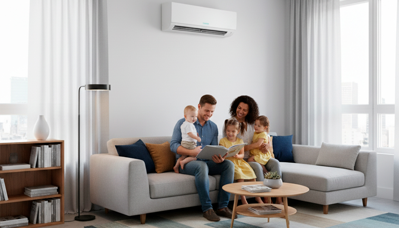 Família feliz em um ambiente climatizado